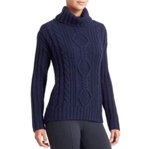 Athleta Navy‎ Blue Wool Turtleneck Chunky Cable Knit Sweater, Size Medium